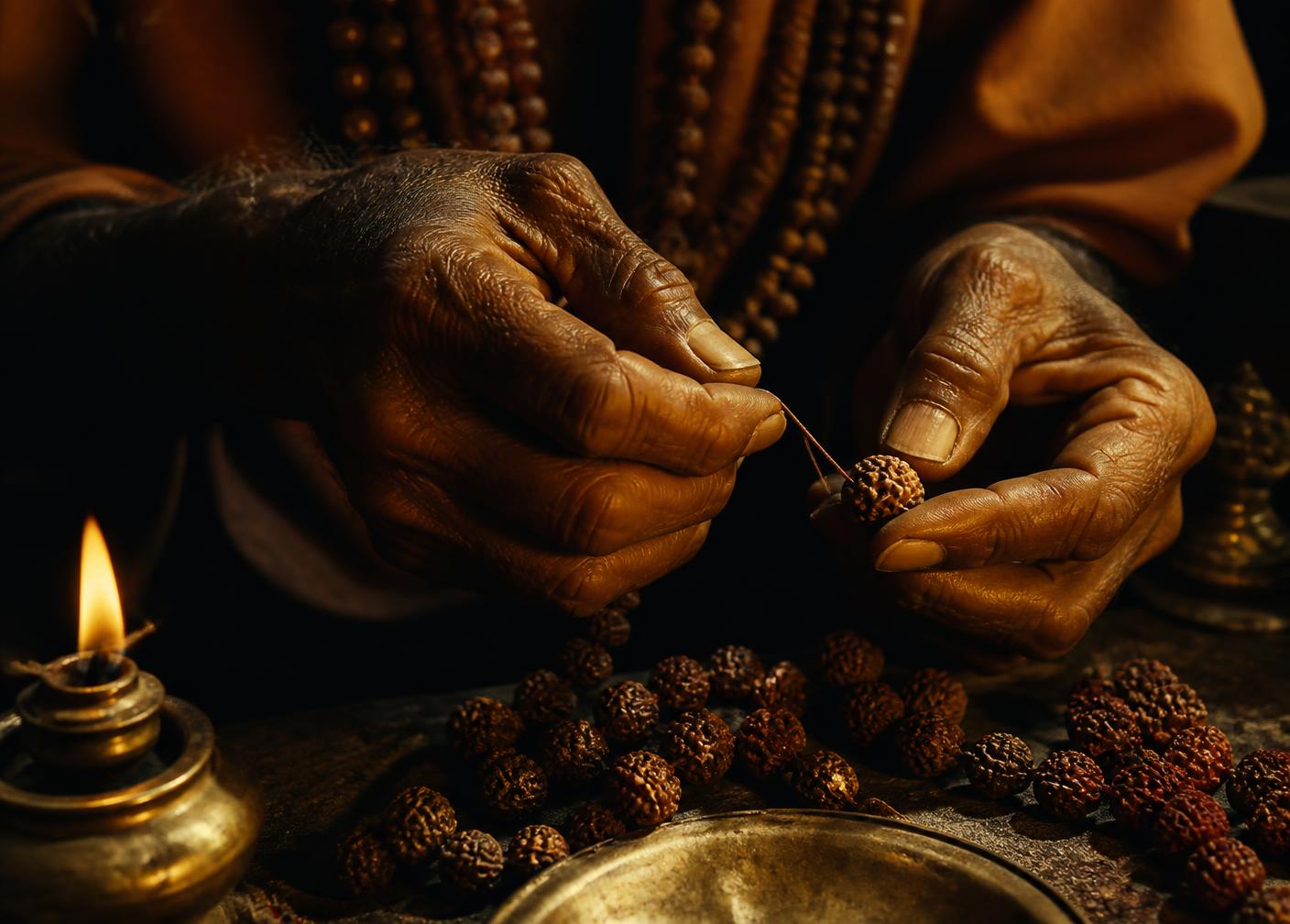 Hands stringing rudraksha beads beside a brass lamp